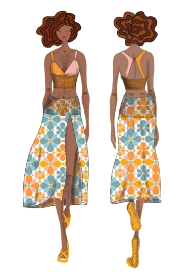 Diseño de mujer con cabello rizado, top marrón y falda floral larga.