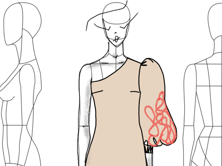 Dibujo de un vestido asimétrico con un diseño de manga color nude y detalles rojos.