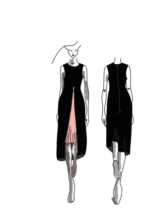 Diseño de vestido negro con una abertura y detalles en rosa. Vistas frontal y trasera.