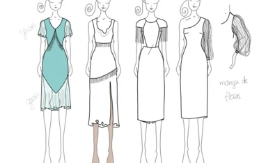Diseños de moda que muestran diferentes vestidos y estilos femeninos.