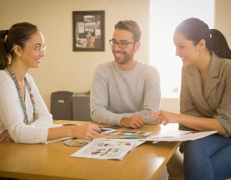 Tres personas conversan y revisan documentos en una mesa iluminada.