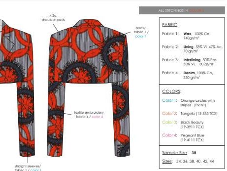 Diseño de una chaqueta con estampado de círculos rojos y negros, detalles de medidas.