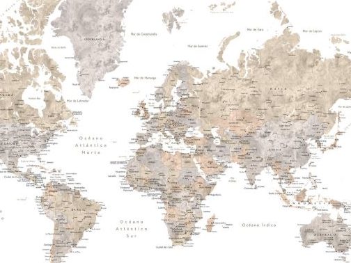 Mapa mundi en tonos suaves, mostrando países y ciudades con etiquetas.